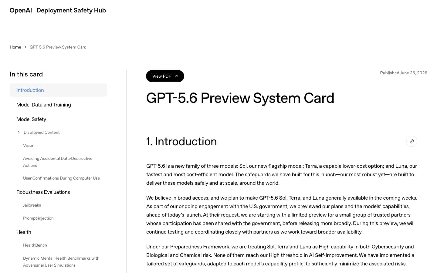 OpenAI GPT-5.6 Preview System Card page in the Deployment Safety Hub