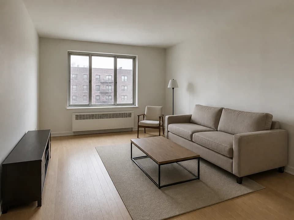 Unfinished neutral living room used as the source for an interior concept
