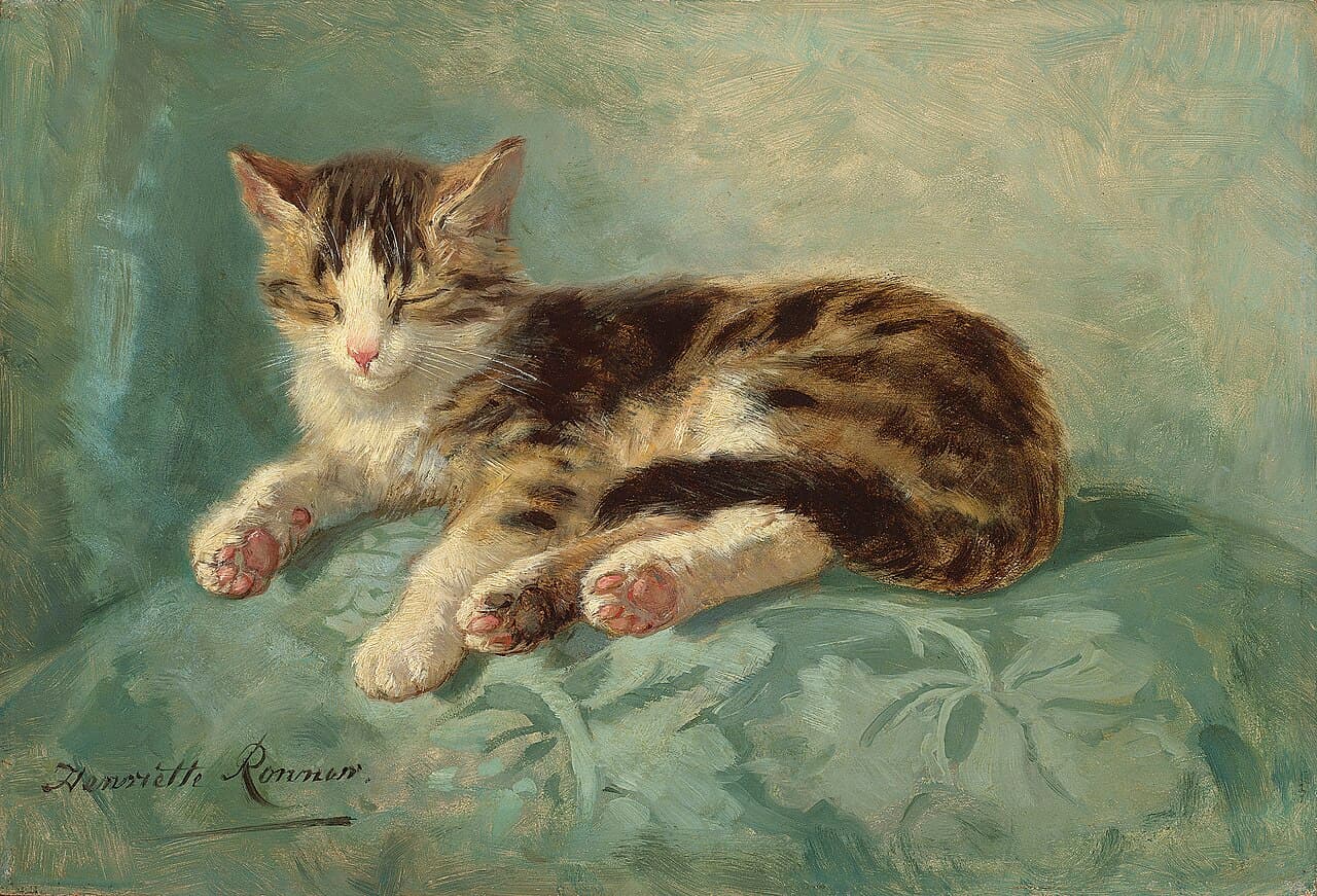 Henriëtte Ronner-Knip 的画作《猫咪小憩》,一只虎斑白猫卧在绿色坐垫上