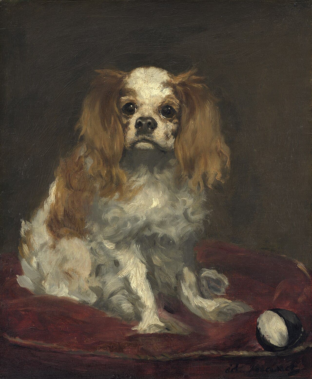 Édouard Manet 的油画《查理王小猎犬》,一只小狗卧在红色坐垫上