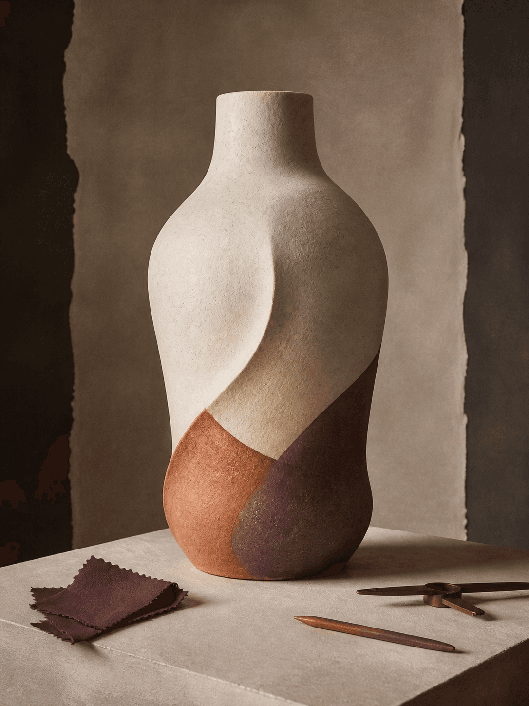 Neutral sculptural fabric forms arranged as minimalist editorial artwork