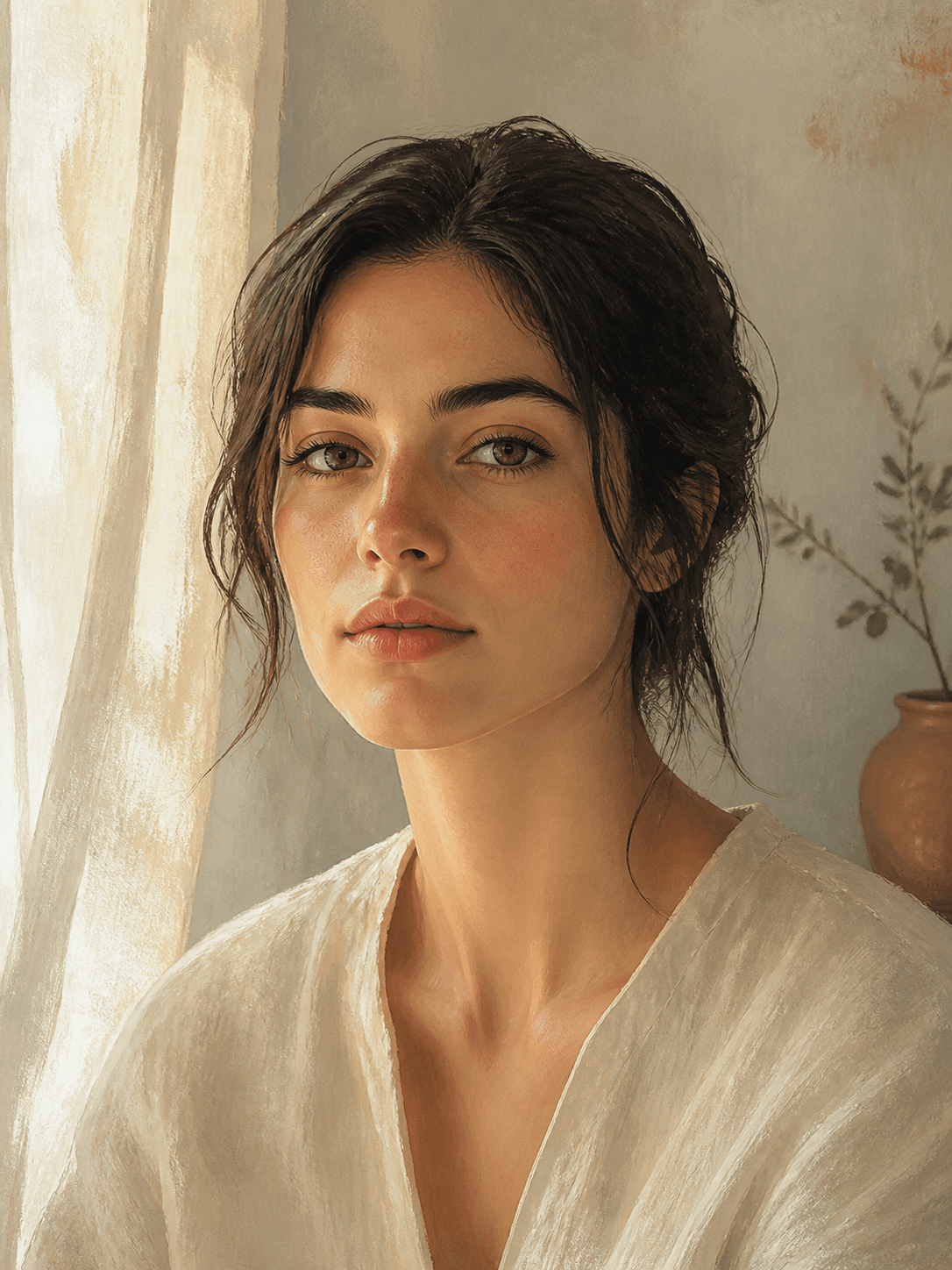 Editorial fashion portrait of a woman in a sculptural cream hat and dress