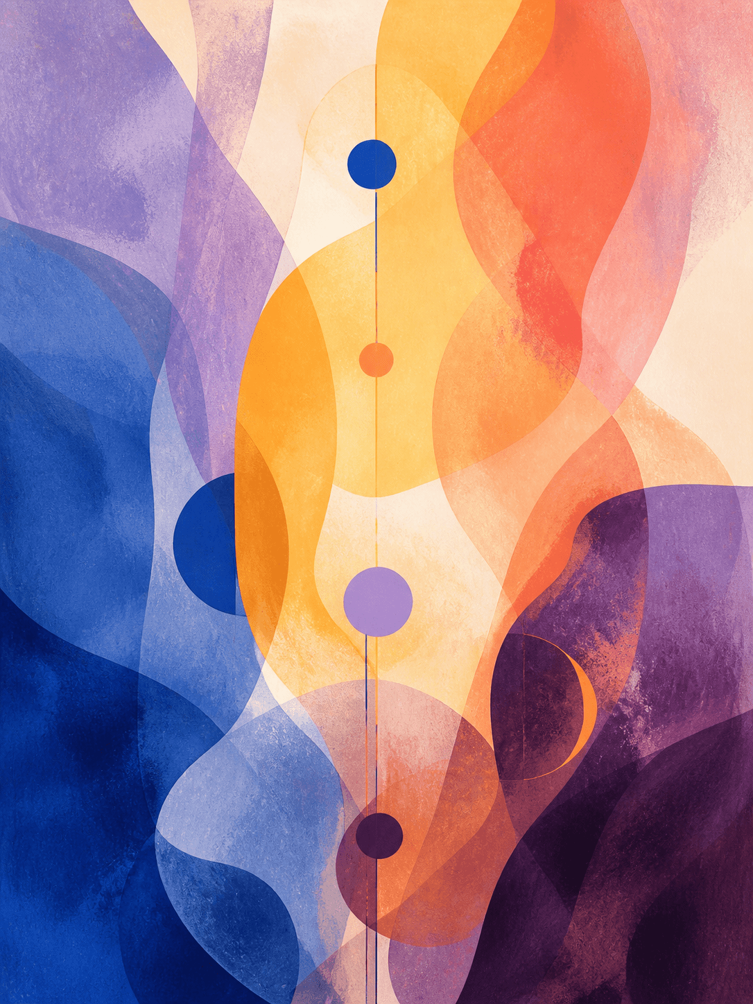 Layered blue, orange, and violet geometric forms composed as abstract wall art