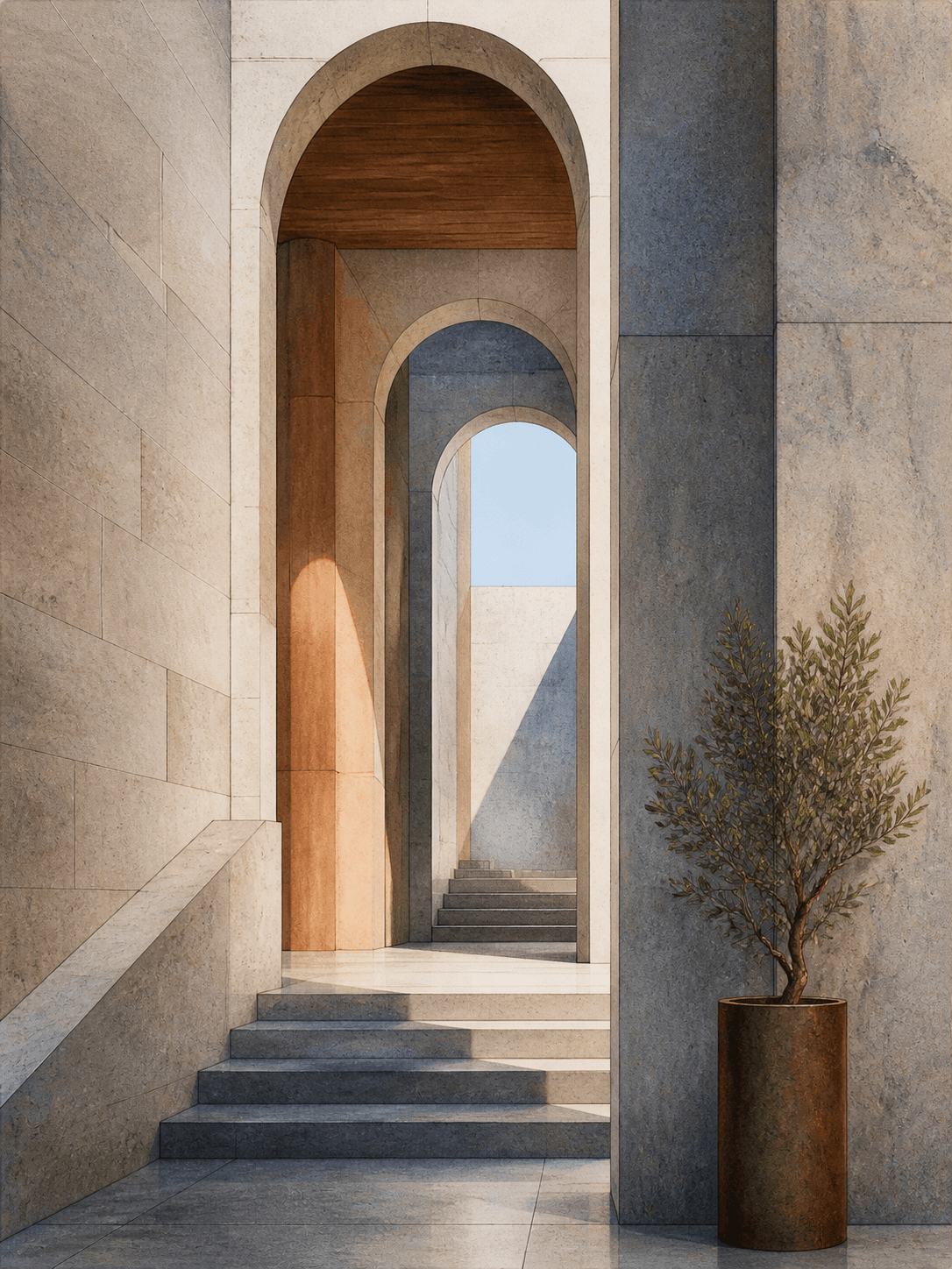 Minimal arched interior opening with stone walls and warm daylight