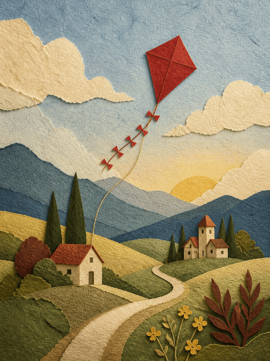 Painterly mountain village landscape rendered with warm paper texture