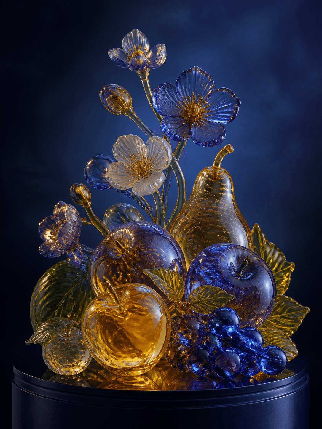 Ornate blue glass vessel with gold botanical details on a dark background