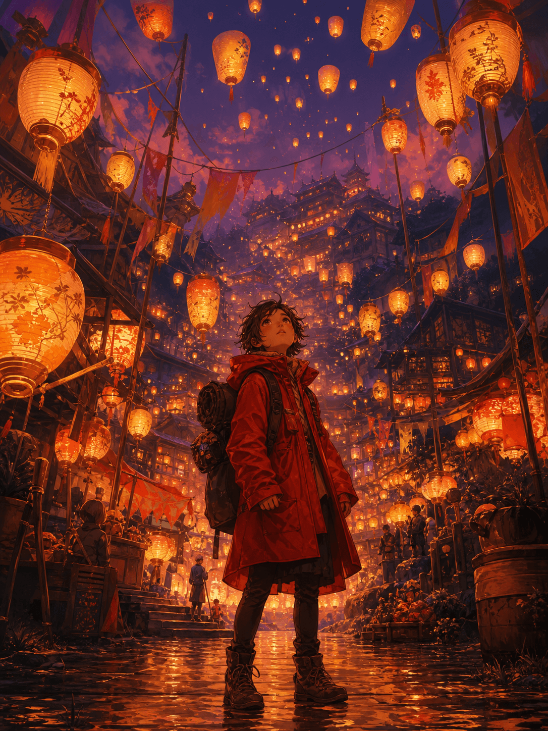 Lone traveler standing in a glowing autumn forest
