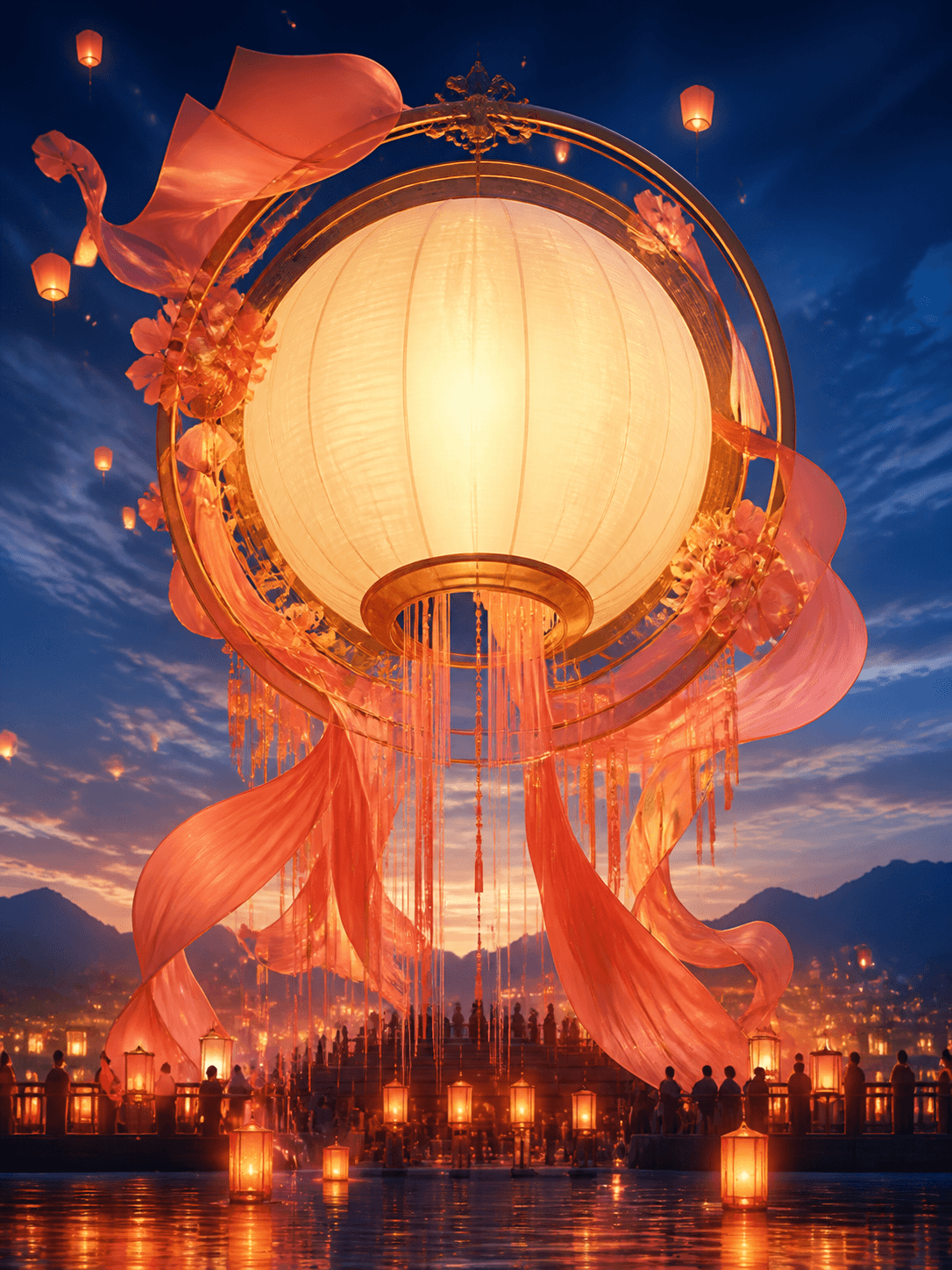 Luminous paper lantern floating over layered mountains at sunset