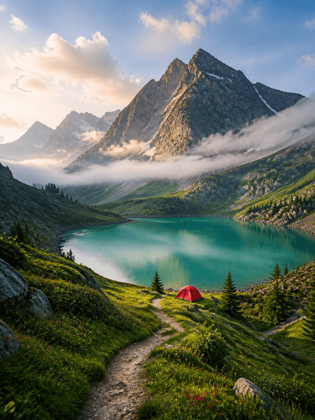 Wide alpine lake landscape with mountains, soft clouds, and open negative space