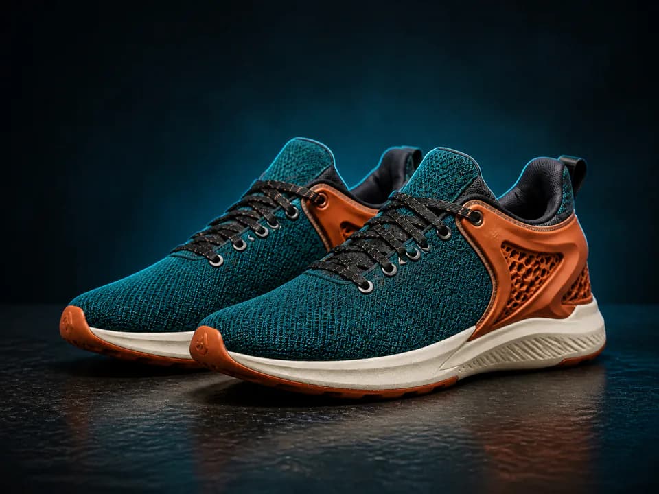 Teal and orange running shoes photographed against a clean dark studio backdrop